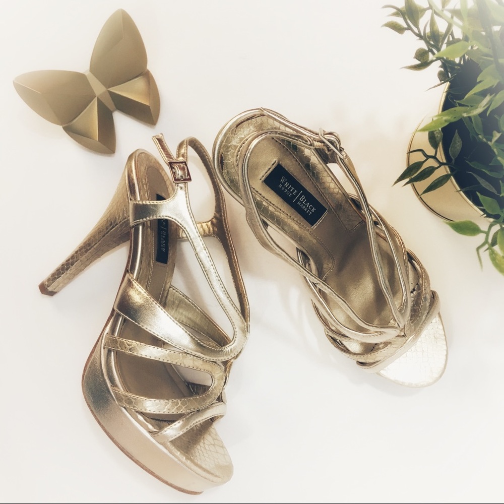 WHBM Kolby Gold Metallic Strappy Platform Heels